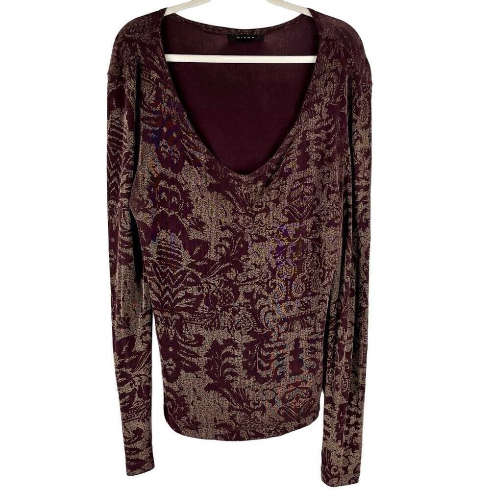 Kiara Floral Stretchy Brown Tan V-Neck Travel Blouse Large